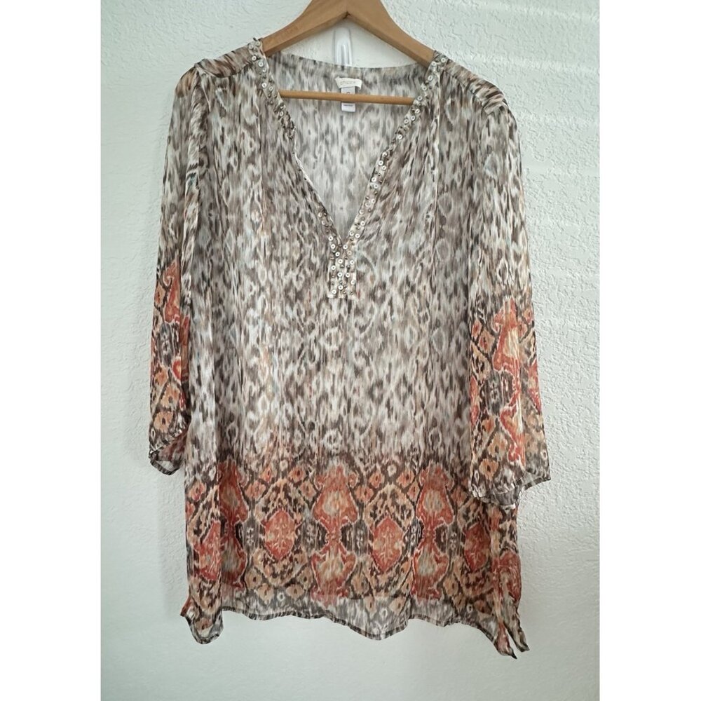 Chico’s Brown Orange Boho Sequin Semi Sheer Blouse Top Size 3 (XL/1X/16/18)